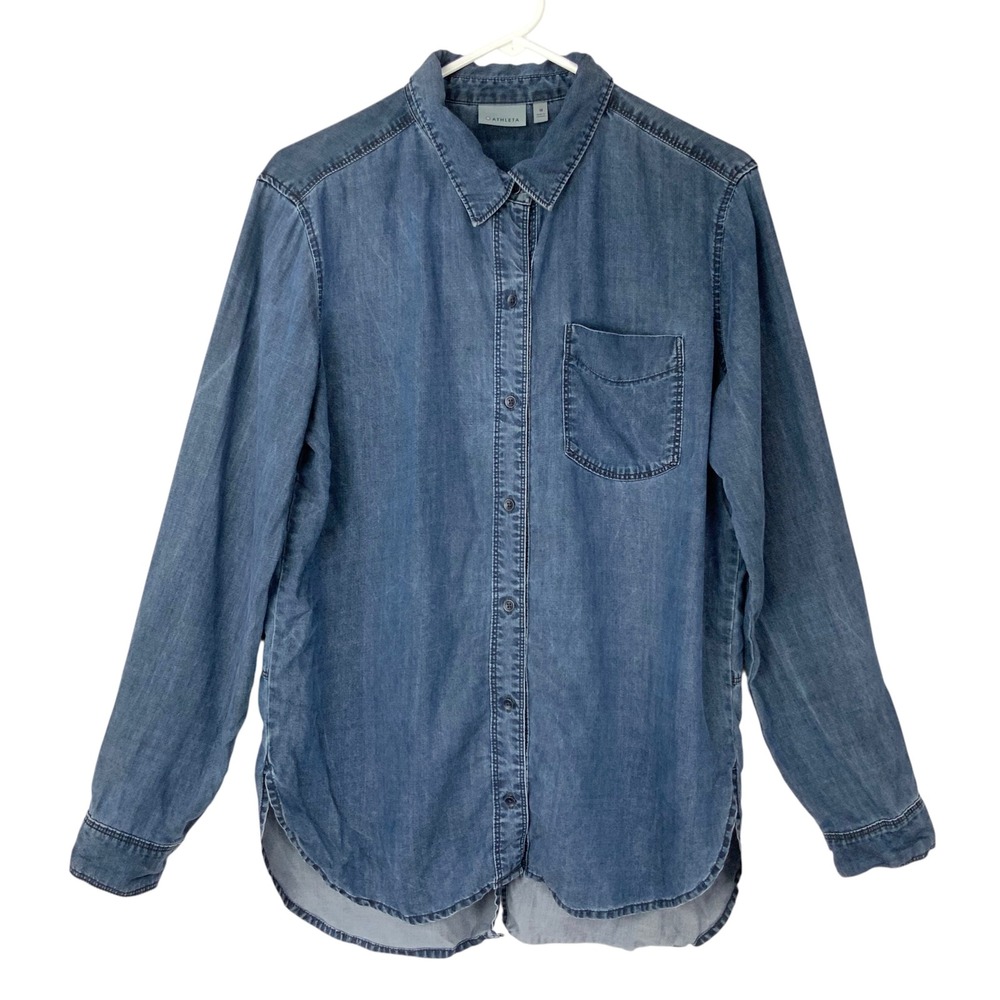 Athleta Blue Tencel Denim Button Up Shirt M Collared Long Sleeve Split Back